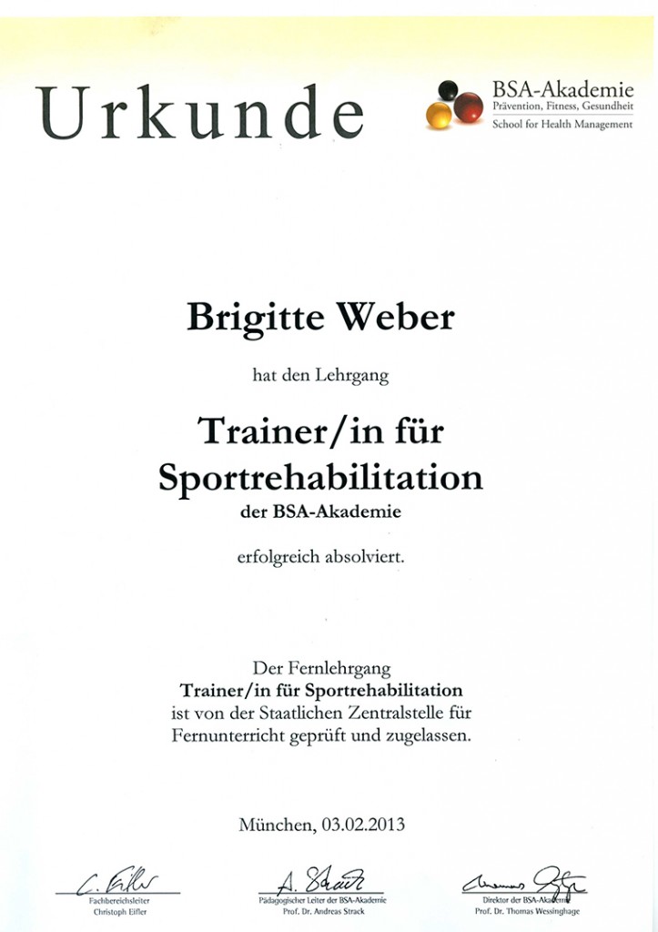 Urkunde Trainerin für Sportrehabilitation Brigitte Weber