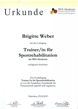 Urkunde Trainerin für Sportrehabilitation Brigitte Weber