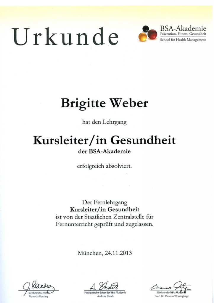Urkunde Kursleiterin für Gesundheit Brigitte Weber
