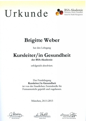 Urkunde Kursleiterin für Gesundheit Brigitte Weber