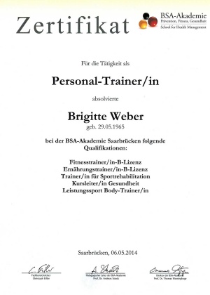 Zertifikat Personal Trainer Brigitte Weber